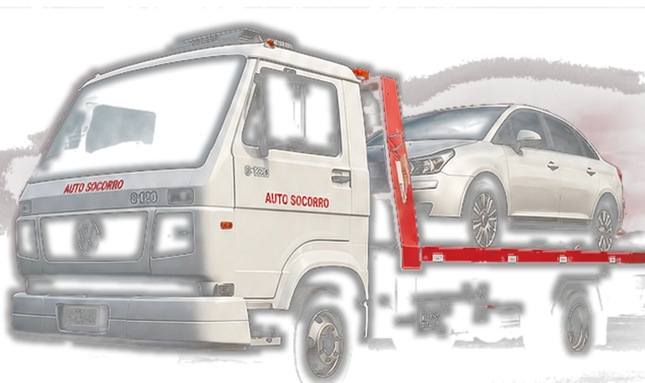 Caminhão guincho branco da Auto Socorro 24hs Ernando transportando um carro